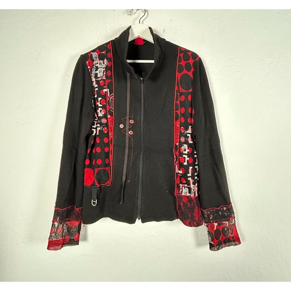 Vex Collection Womens Zip-Up Jacket Size 38 Black Red Abstract Pattern Stretch